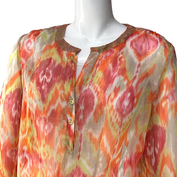 Chicos Womens Size 2 US 12 L Summer Ikat Moria Top Multicolor Sheer Blouse - Picture 2 of 15